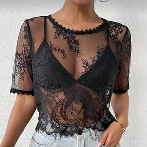 Sheer lace crop shirt